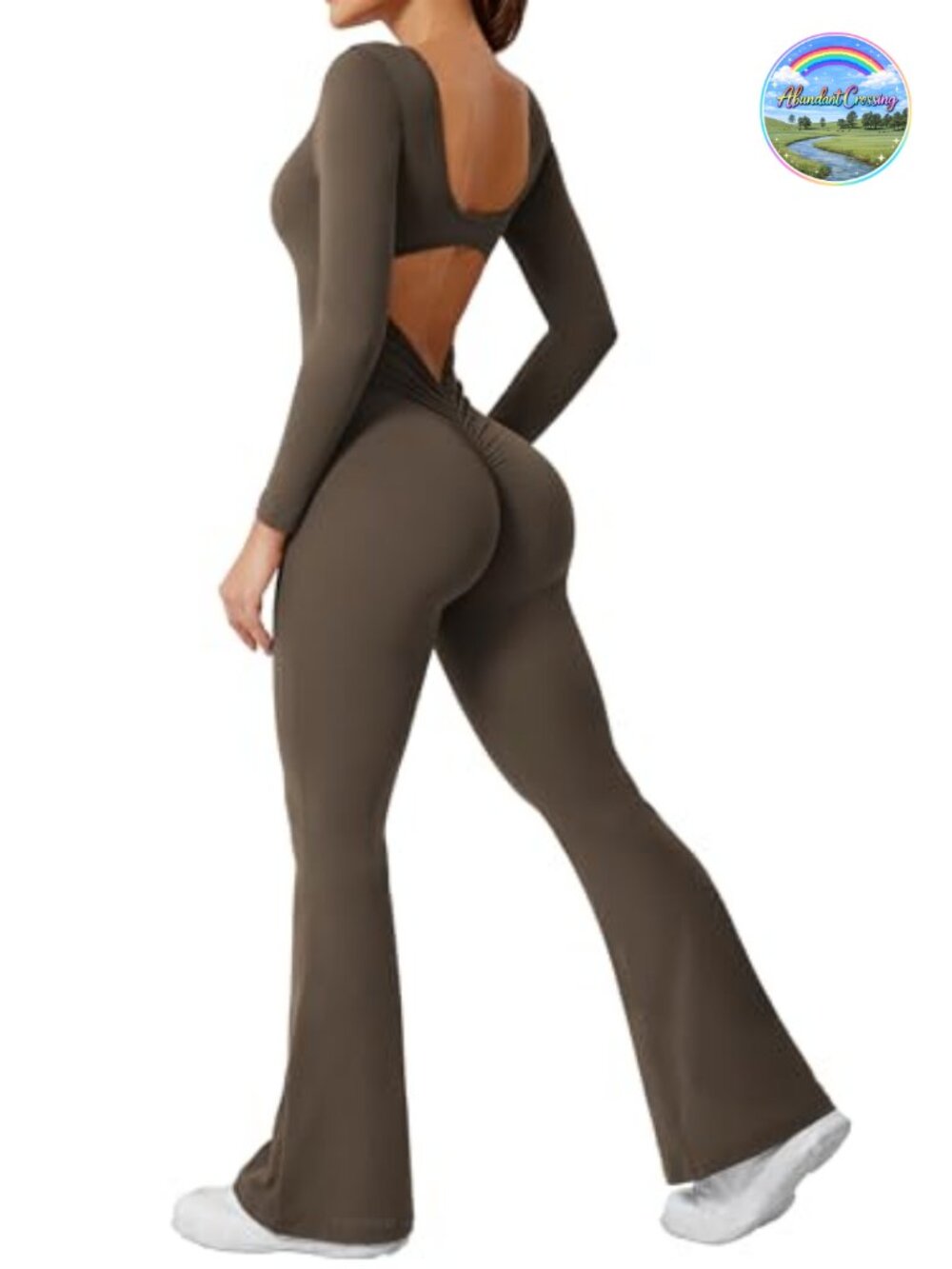 Backless Long Sleeve Wide Leg Jumpsuit V Back Scrunch Relaxed Fit